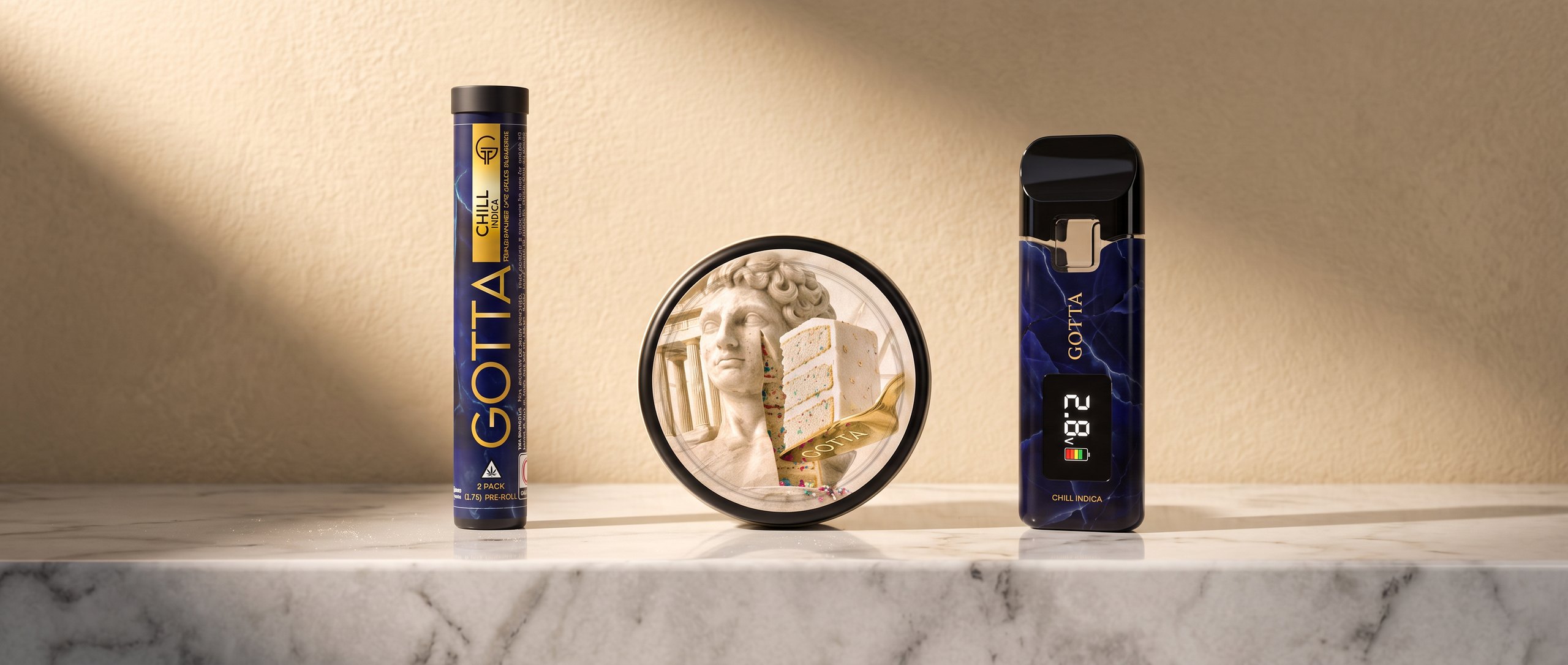 The GOTTA family on a marble shelf