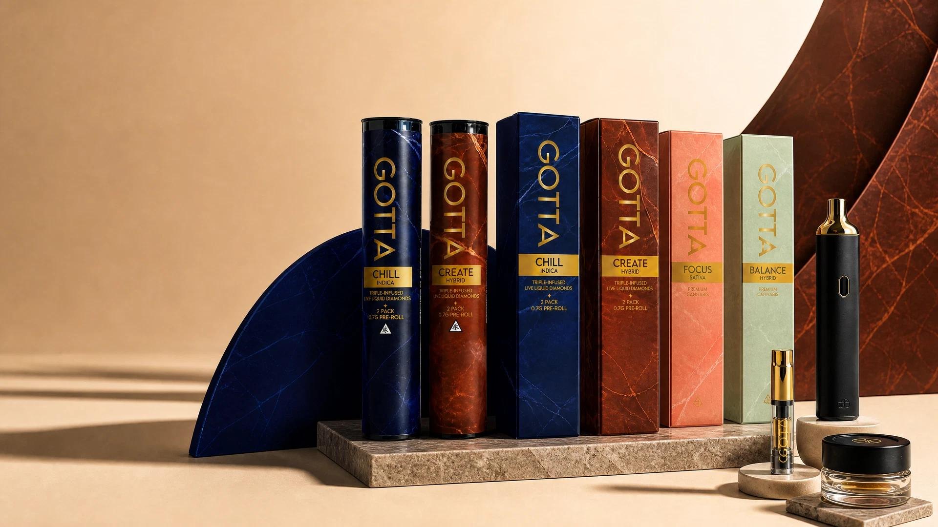 The three GOTTA mood pre-roll tubes on marble